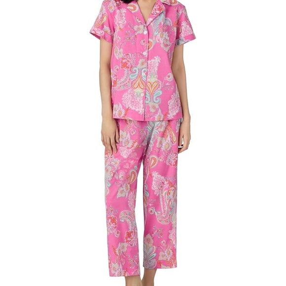 NWT Lauren Ralph Lauren Short Sleeve Notch Collar Cropped Pant Pajama Set - m - Picture 1 of 3